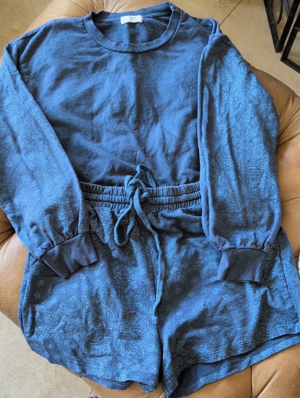 Anthropologie T.La Navy Blue Paisley Pullover Sweatshirt And Short Set